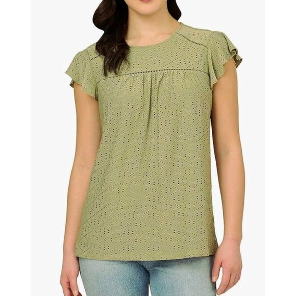 Adrianna Papell Women's Ruffle Sleeve Eyelet Knit Blouse Top S New- Sage Green - Picture 6 of 8
